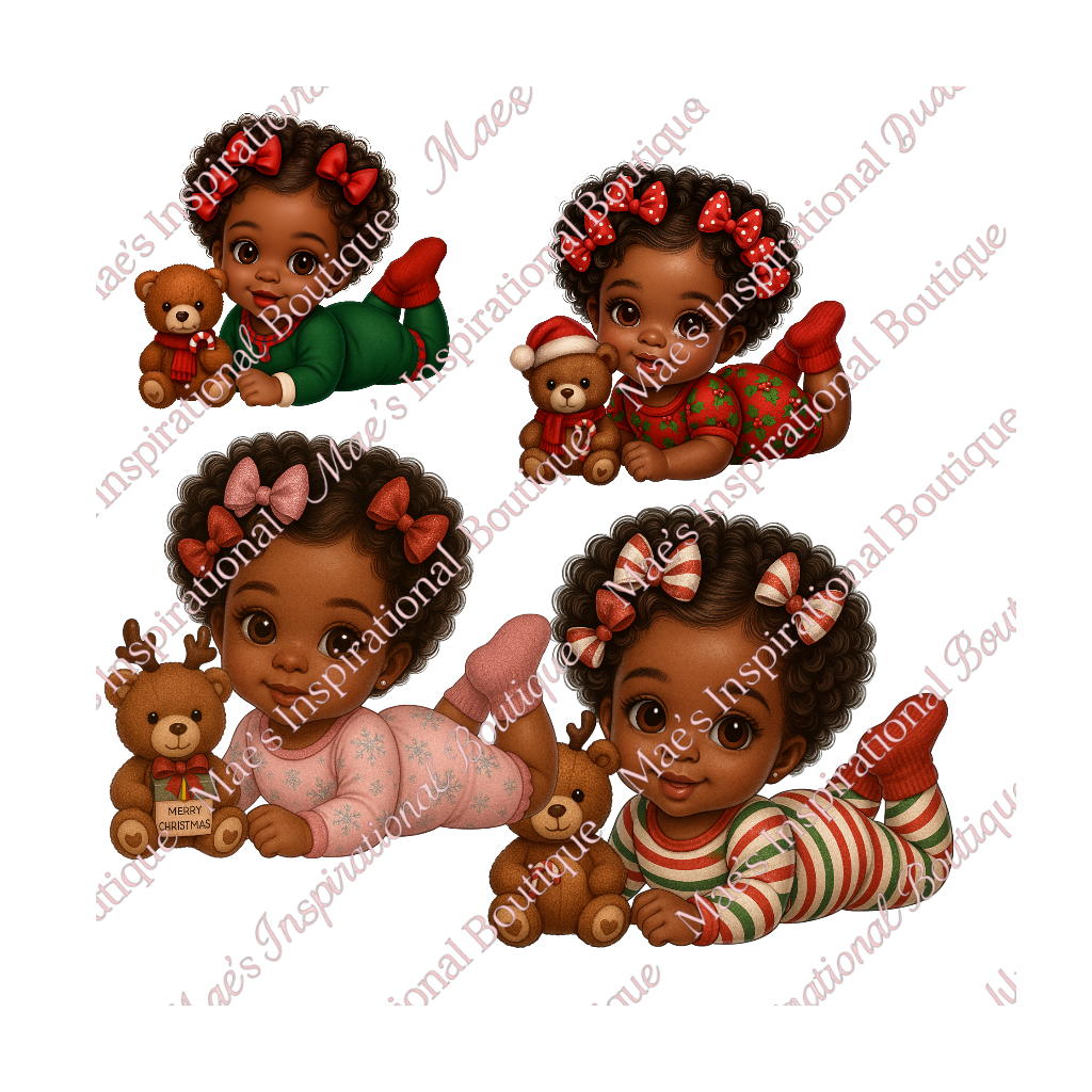 Christmas Baby Girl Clipart PNG | African American Baby in Green Pajamas with Teddy Bear | Holiday Sublimation Design |
