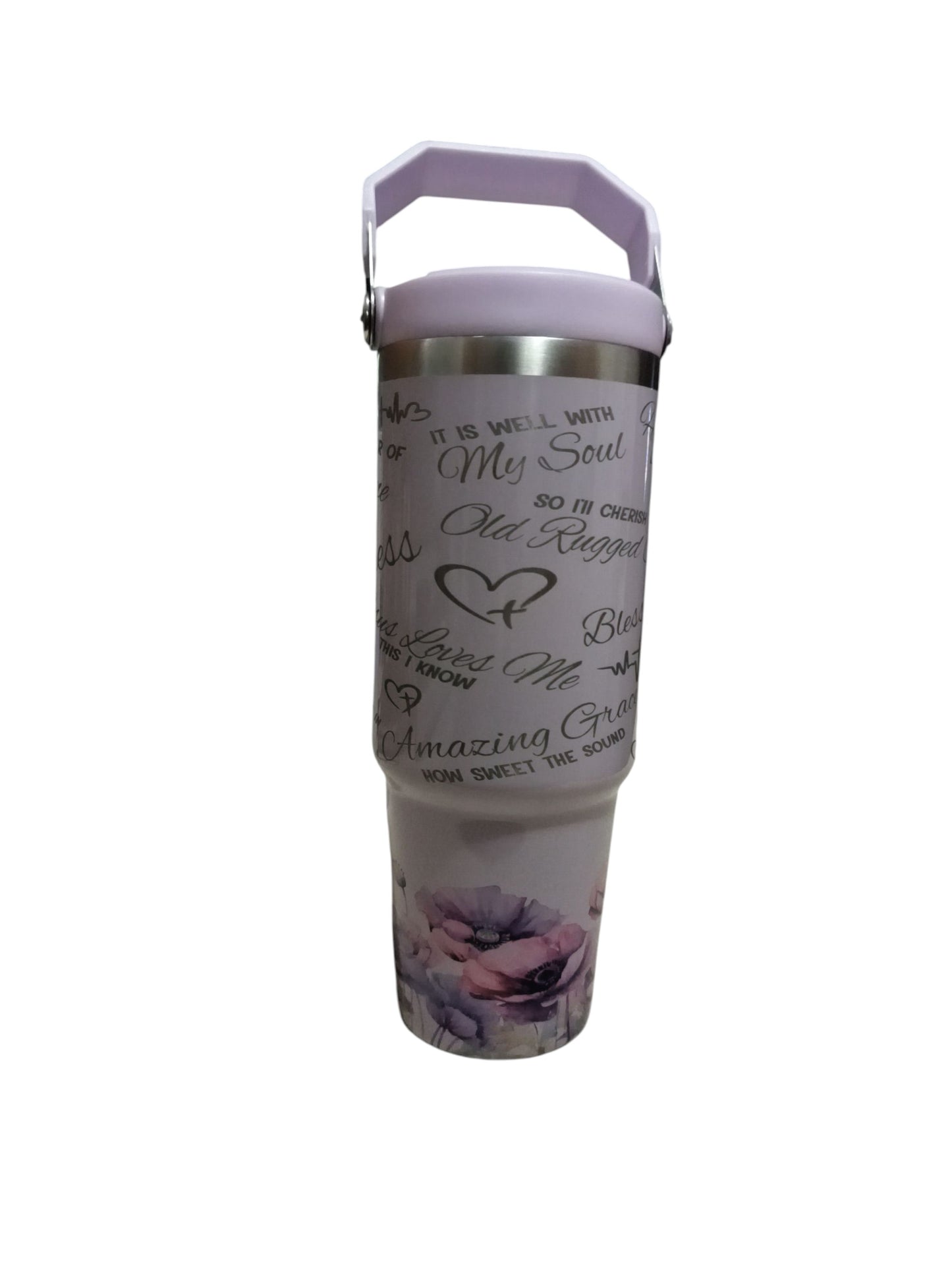 30oz Inspirational Purple Praise Tumbler – Floral Stainless Steel Travel Mug with Hymns & Scripture – Christian Gift