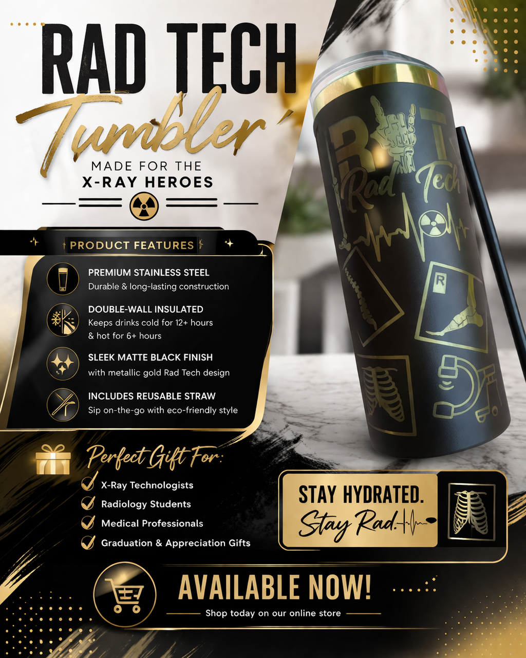 🖤💛 RAD TECH TUMBLER – STAY GOLD, STAY HYDRATED 💛🖤