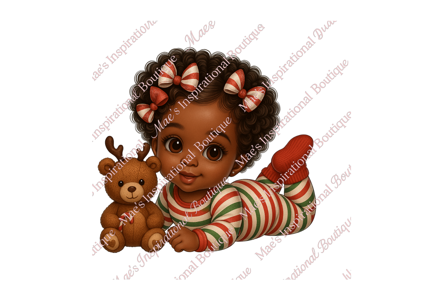 Christmas Baby Girl Clipart PNG | African American Baby in Green Pajamas with Teddy Bear | Holiday Sublimation Design |