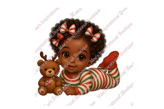 Christmas Baby Girl Clipart PNG | African American Baby in Green Pajamas with Teddy Bear | Holiday Sublimation Design |