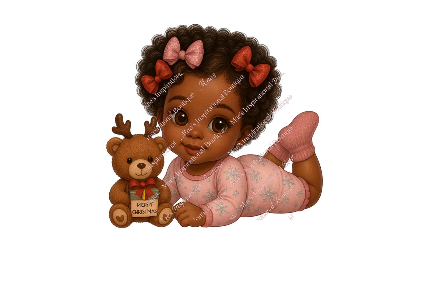Christmas Baby Girl Clipart PNG | African American Baby in Green Pajamas with Teddy Bear | Holiday Sublimation Design |