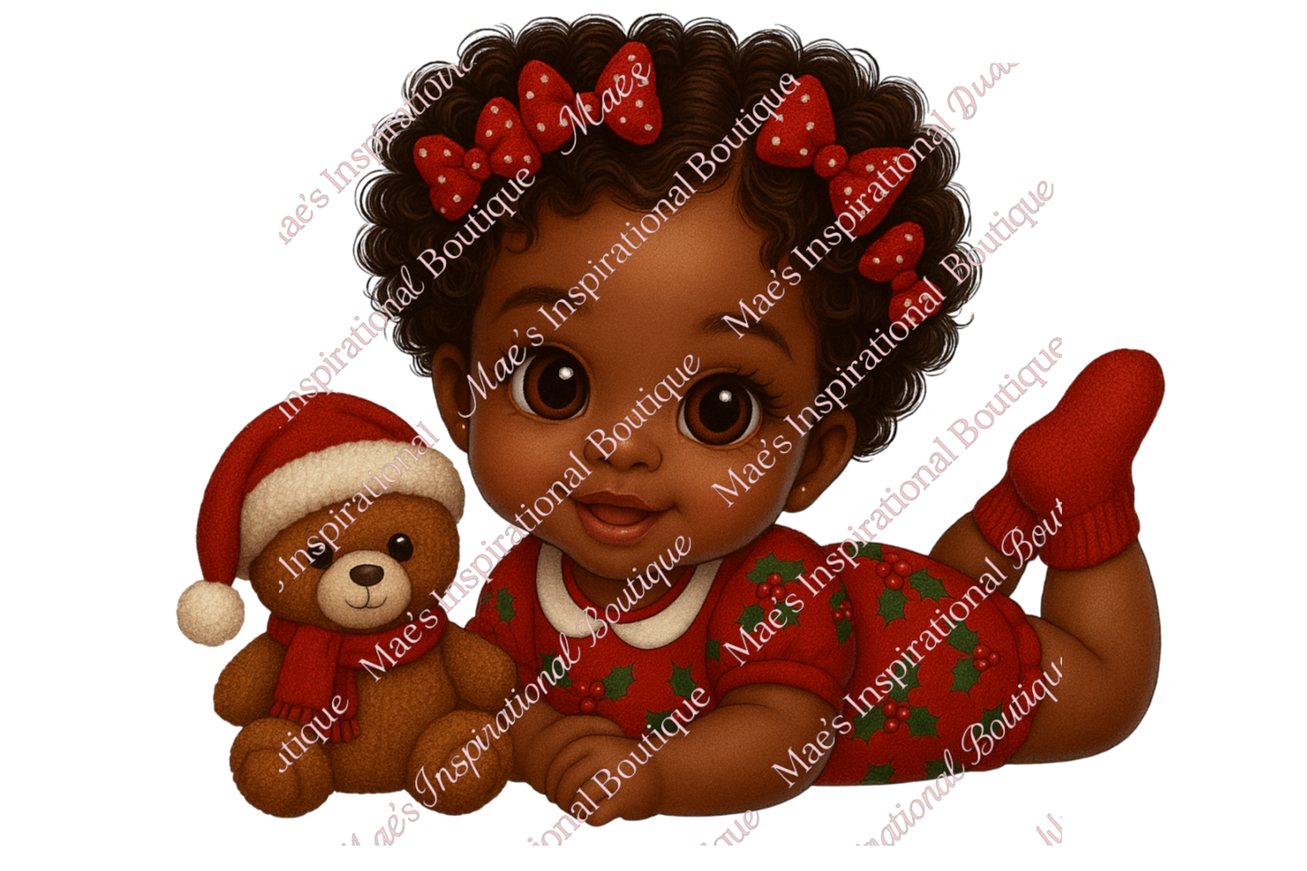 Christmas Baby Girl Clipart PNG | African American Baby in Green Pajamas with Teddy Bear | Holiday Sublimation Design |