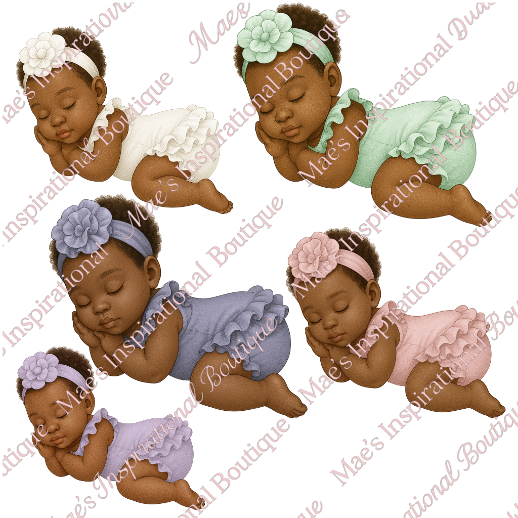 Sleeping Baby Girl Clipart Bundle – 9-Piece Set | Ruffled Outfit PNGs | Diverse Colors | High-Resolution Digital Download