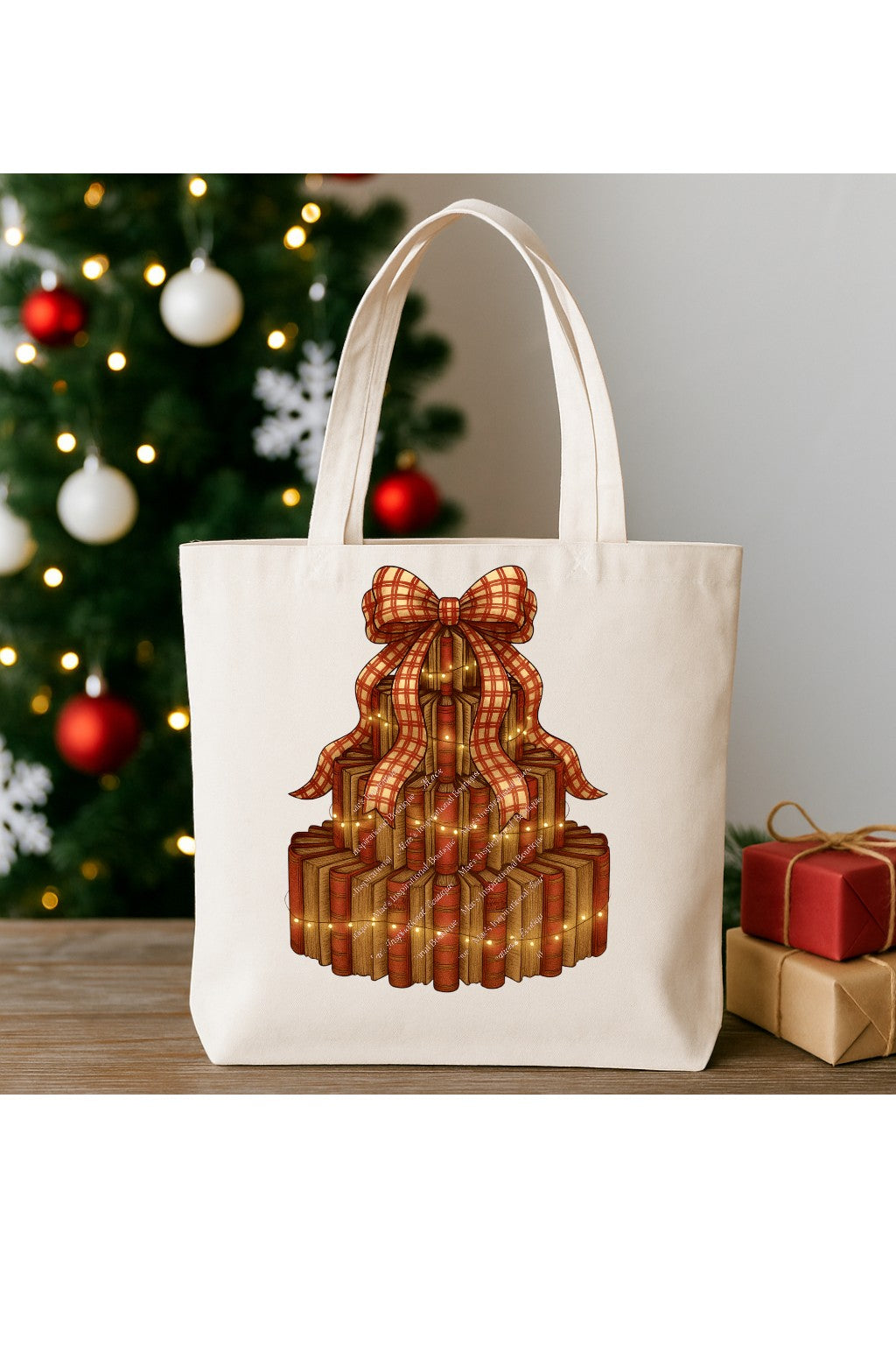 Gold & Red Book Tree PNG – Christmas Book Stack Clipart | Festive Holiday Library Tree Sublimation Design (300 DPI Transparent PNG)