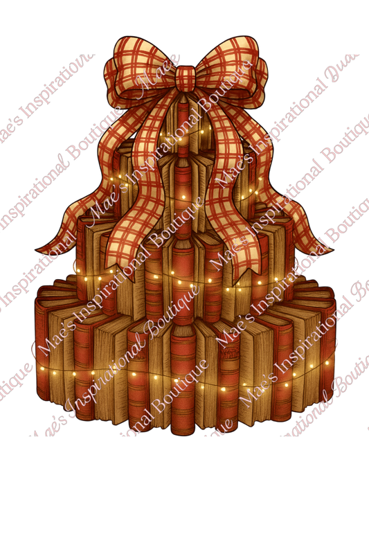 Gold & Red Book Tree PNG – Christmas Book Stack Clipart | Festive Holiday Library Tree Sublimation Design (300 DPI Transparent PNG)