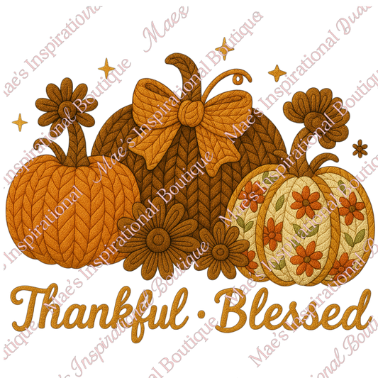 🍂 Thankful · Blessed Faux Yarn Pumpkin PNG | Fall Sublimation Design | Cozy Autumn Digital Download