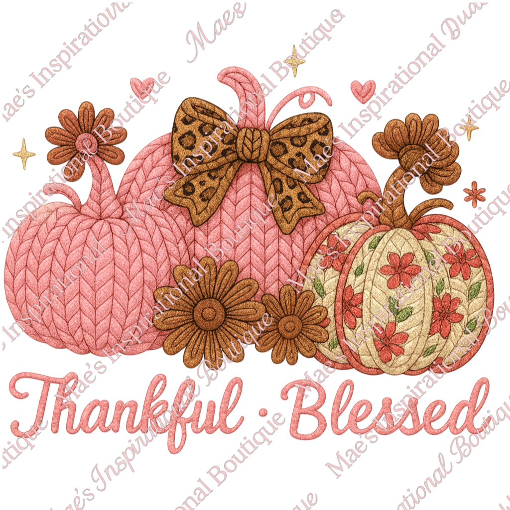💕 Pink “Thankful · Blessed” Faux Yarn Pumpkin PNG | Cozy Leopard Bow Fall Sublimation Design | Autumn Digital Download