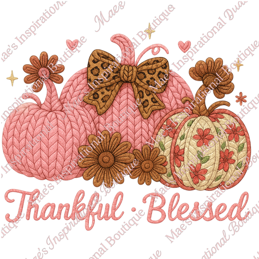 💕 Pink “Thankful · Blessed” Faux Yarn Pumpkin PNG | Cozy Leopard Bow Fall Sublimation Design | Autumn Digital Download