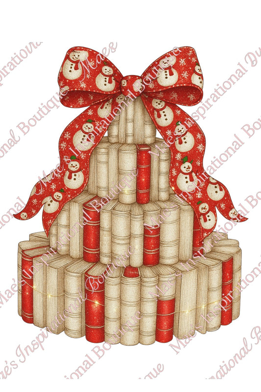 Red Snowman Book Tree PNG – Christmas Library Stack Clipart | Cozy Holiday Book Lover Sublimation Design (300 DPI Transparent PNG)