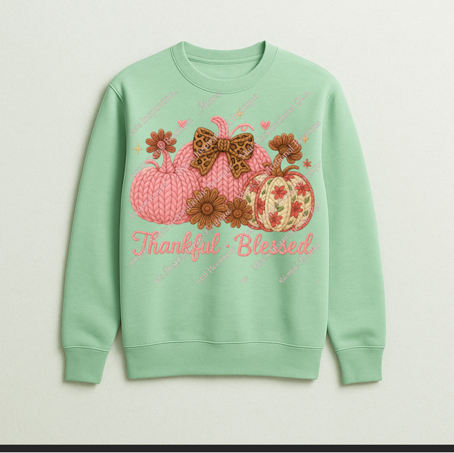 💕 Pink “Thankful · Blessed” Faux Yarn Pumpkin PNG | Cozy Leopard Bow Fall Sublimation Design | Autumn Digital Download