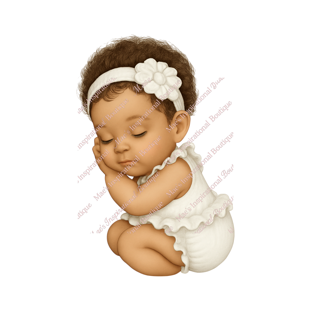 Sleeping Baby Girl White Bodysuit PNG – Brown Eyes | 300 DPI Transparent Background for Sublimation & DTF