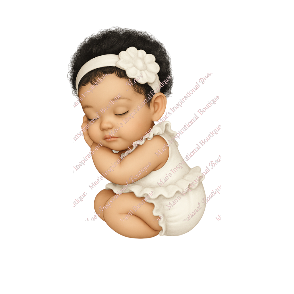Sleeping Baby Girl White Bodysuit PNG – Brown Eyes | 300 DPI Transparent Background for Sublimation & DTF