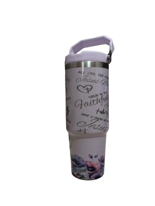 30oz Inspirational Purple Praise Tumbler – Floral Stainless Steel Travel Mug with Hymns & Scripture – Christian Gift