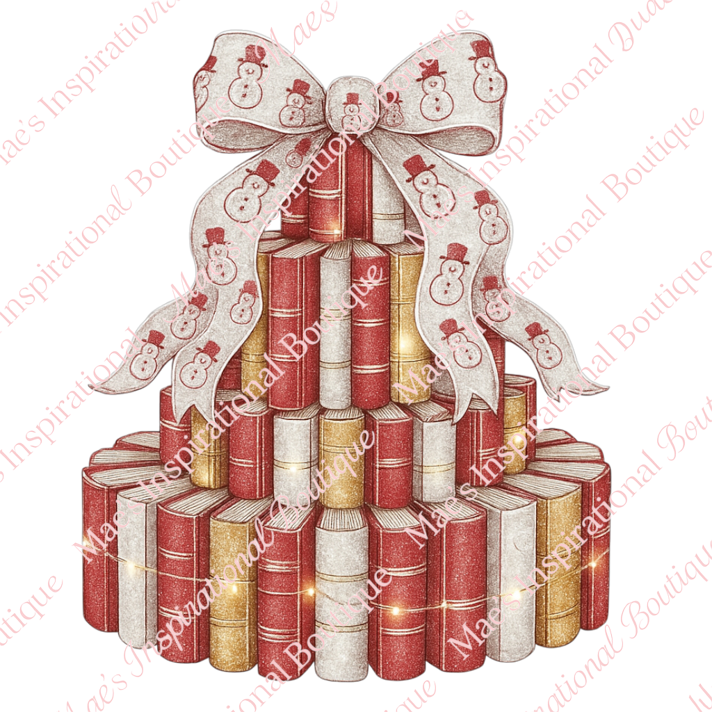 Christmas Book Tree PNG | Book Stack Designs | Snowman Bow Clipart | 300 DPI Transparent Sublimation & DTF Files