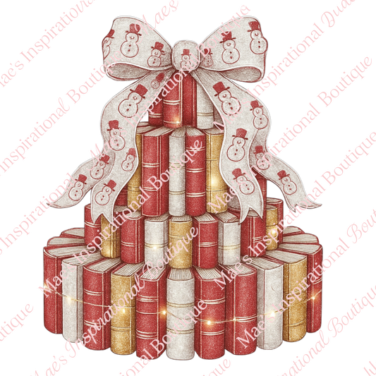 Christmas Book Tree PNG | Book Stack Designs | Snowman Bow Clipart | 300 DPI Transparent Sublimation & DTF Files