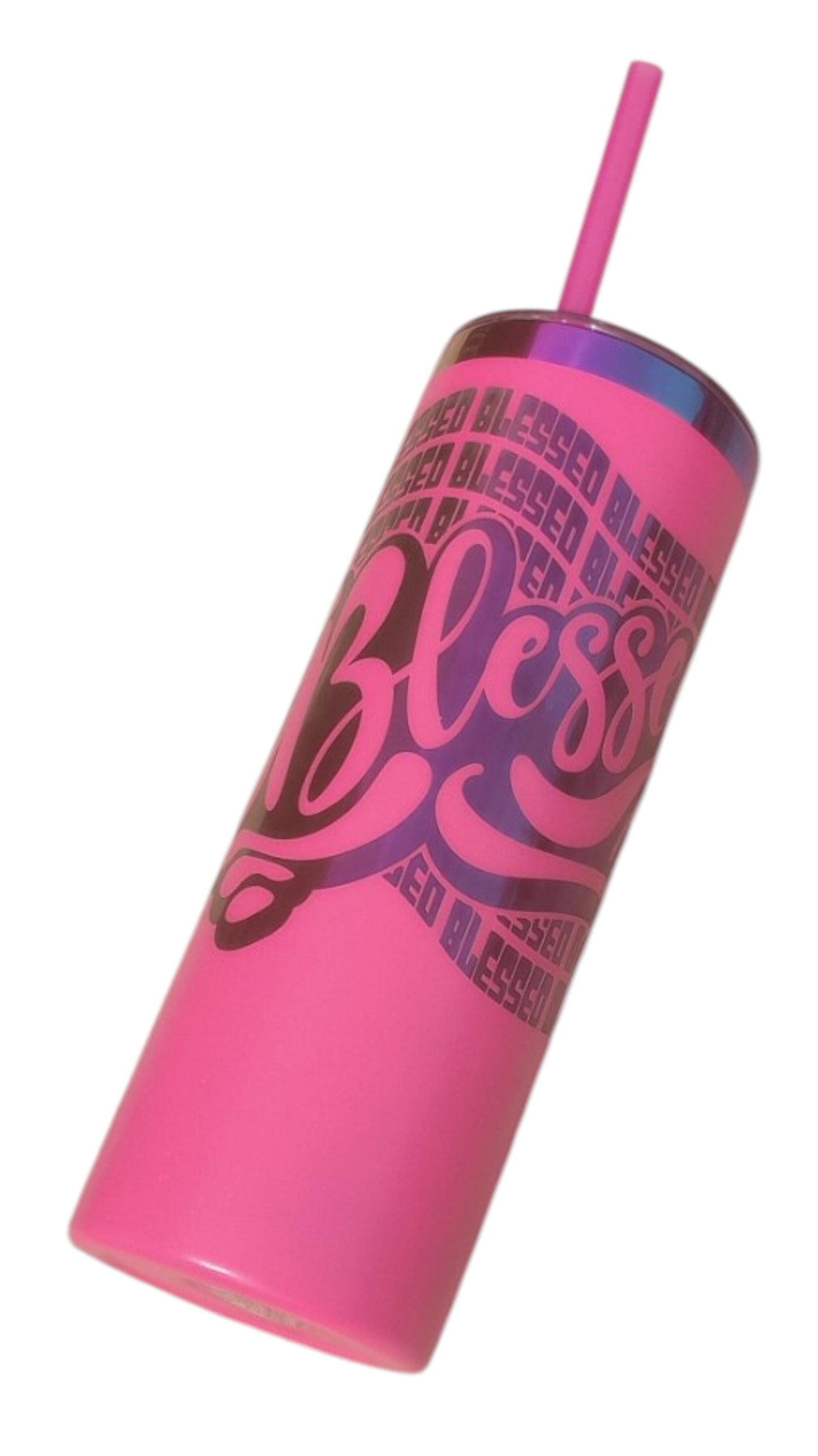 20oz Hot Pink “Blessed” Tumbler – Holographic Rainbow Stainless Steel Cup with Straw – Christian Gift for Women, Faith Drinkware