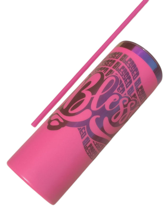 20oz Hot Pink “Blessed” Tumbler – Holographic Rainbow Stainless Steel Cup with Straw – Christian Gift for Women, Faith Drinkware